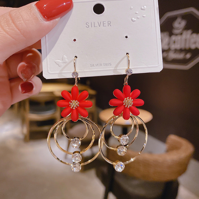 Trendy Sense Little Daisy Round Fashionable Temperament Long Sier Earrings