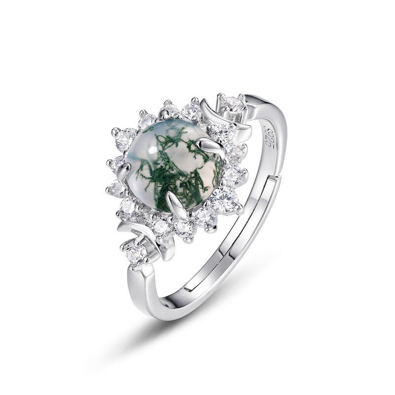 Women's Popular Green Moss Sterling Sier Inlaid Rings