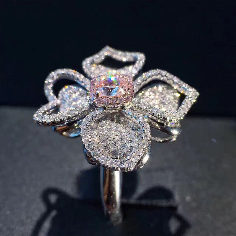 Fashion Luxury Light Pink Diamond Female Clover Rings