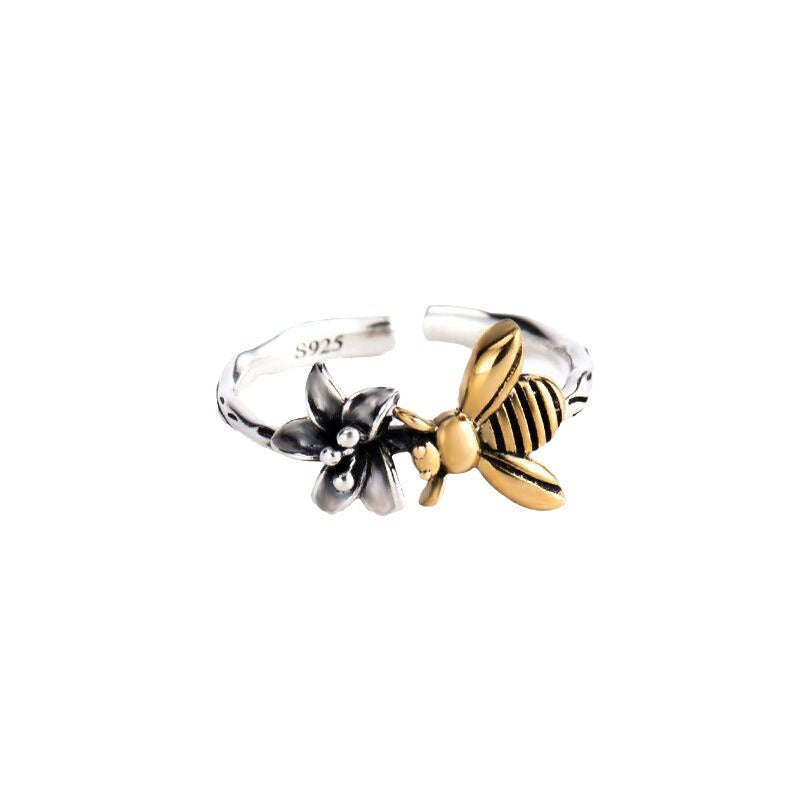 Women's Retro Creative Personalized Bee Flower Plated Two-color Simple Temperament Open Ring