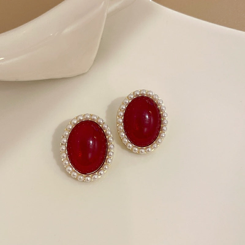 Women's Needle Retro Style Red Oval Pearl Earrings