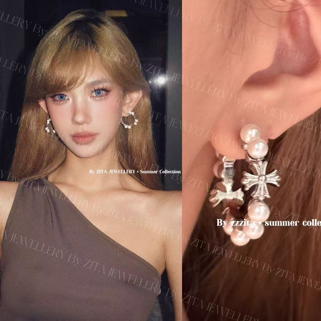 Style Hot Shell Pearls Cross Niche Stud Earrings