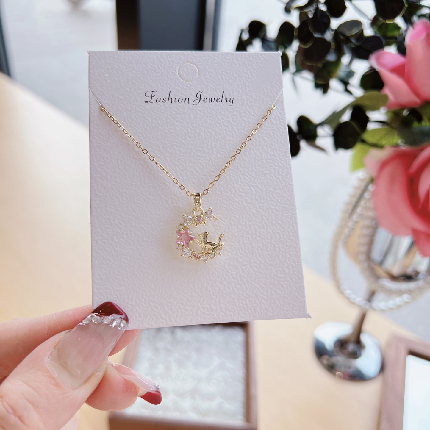 Luxury Sweet Super Pink Flowers Water Drop Female Fully Jeweled Necklace