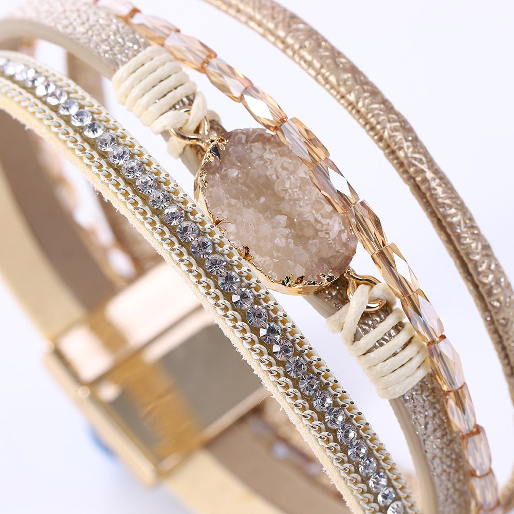 Women's White Crystal Diamond Woven Leather Vintage Bracelets