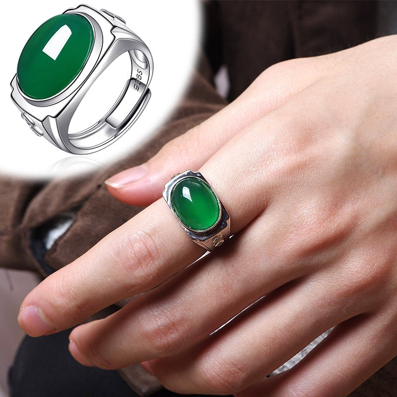 Men's Green Chalcedony High-grade Sense Open Agate Emerald Sier-plated Ring