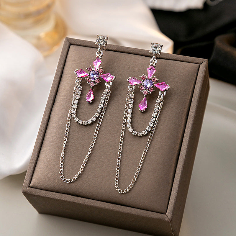 Pink Diamond Cross Light Luxury Square Chain Earrings