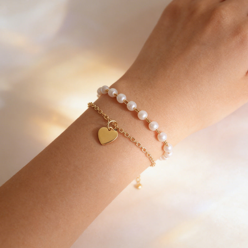 Women's Chain Style Simple Pearl Heart Alloy Bracelets