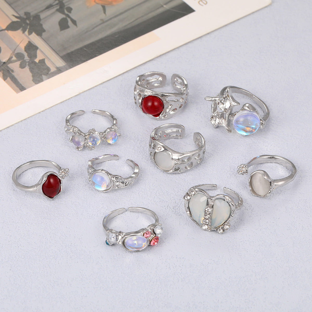 Cold Style Opal Split Heart-shaped Open Suit Pieces Female Personality Ring