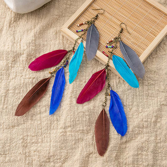 Women's Retro Ethnic Style Long Feather Tassel Earrings