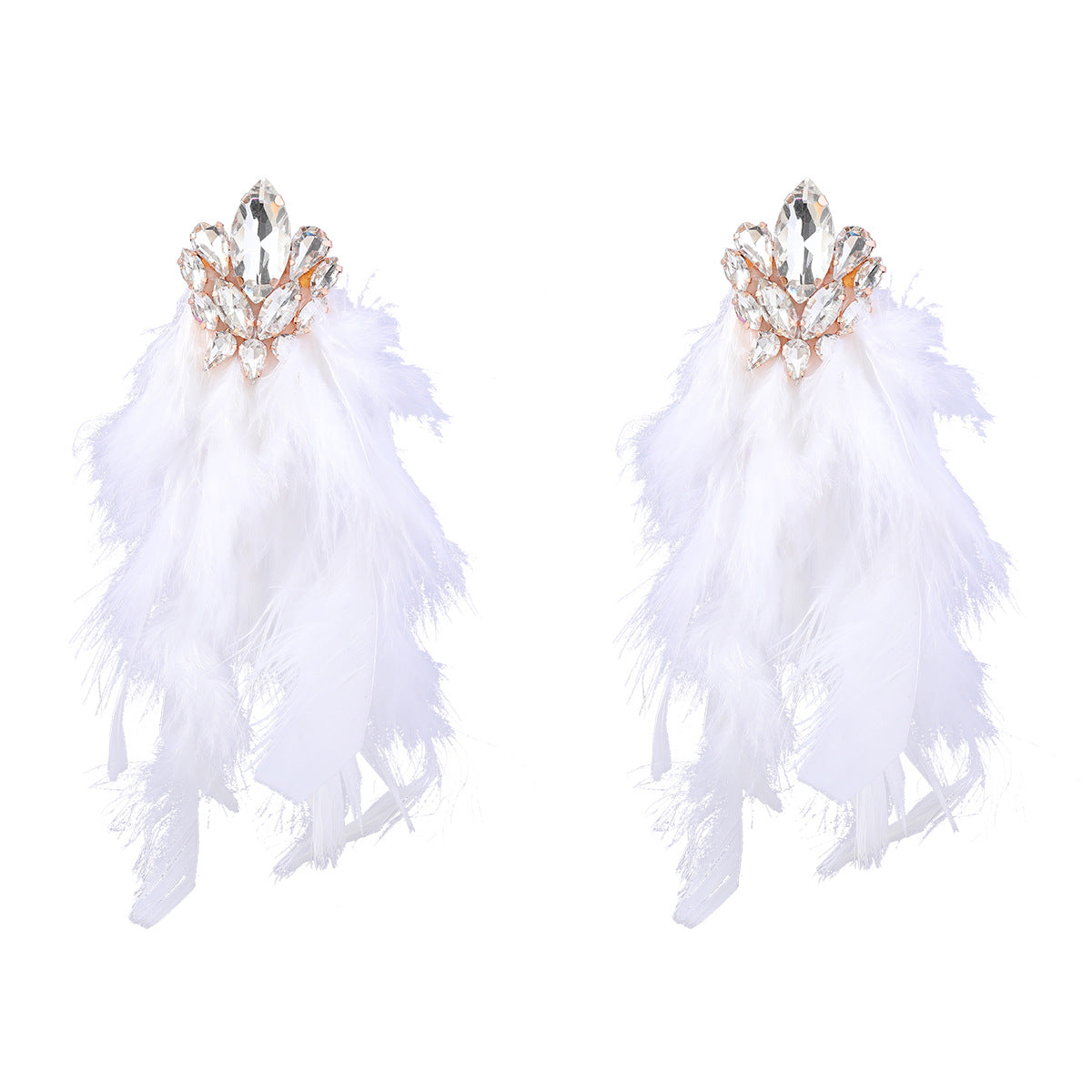 Boucles d'oreilles femme à pompon en plumes longues et fleur de diamant