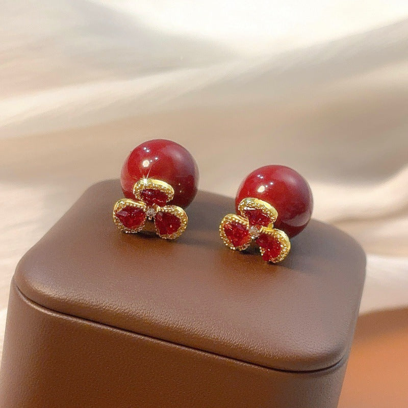 Red Zircon Flower Large Pearl Advanced Earrings