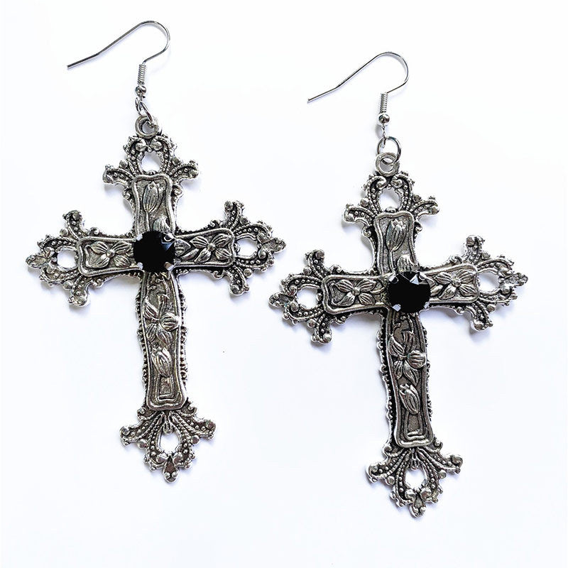 Boucles d'oreilles pendantes en strass avec croix imprimée de fleurs créatives