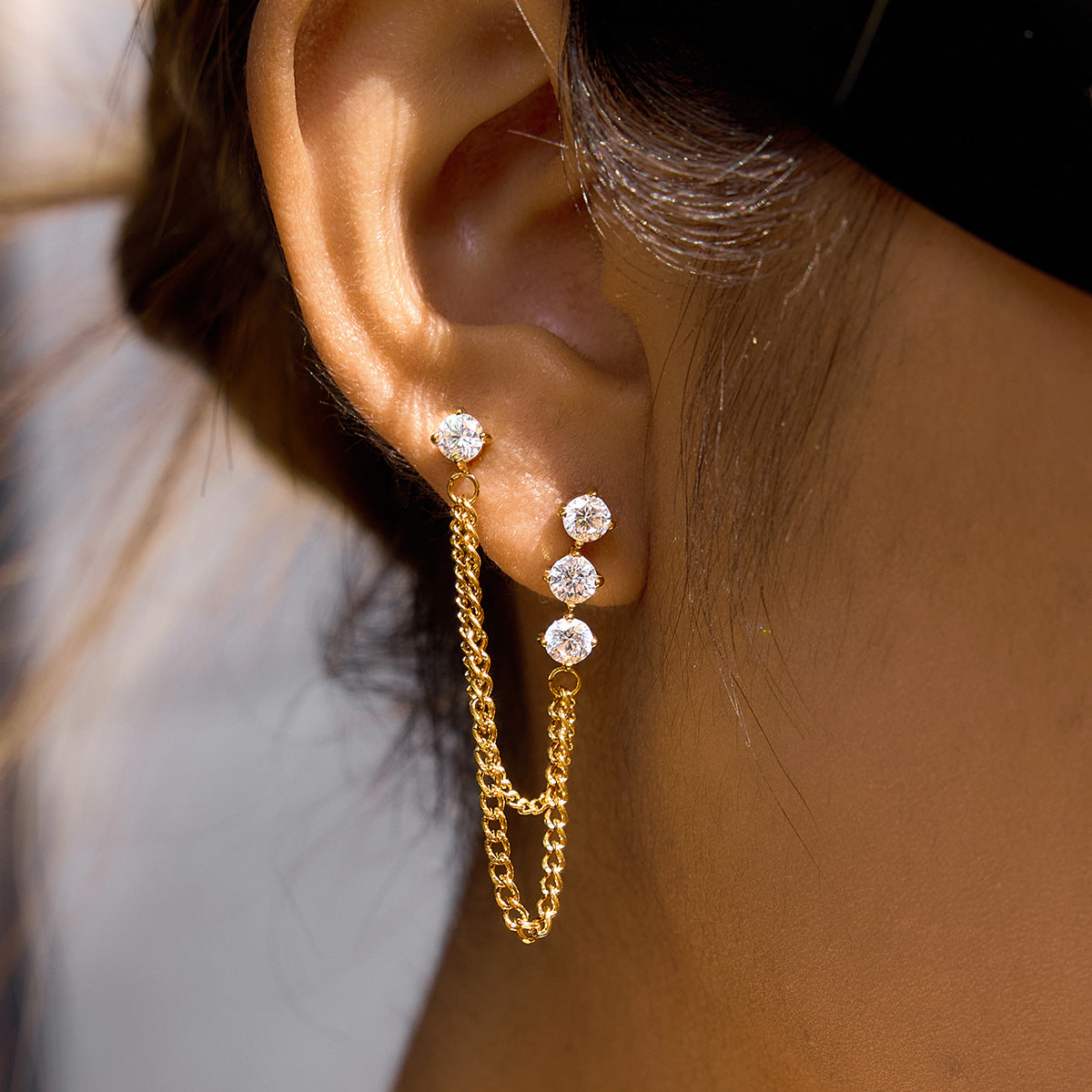 Women's Stainless Steel White Zircon Tassel Chain Fashion Classic Earrings