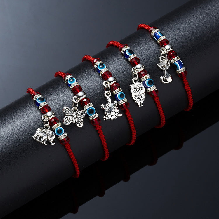 Eule, blaue Augen, böser Blick, rotes Seil, verstellbare Armbänder