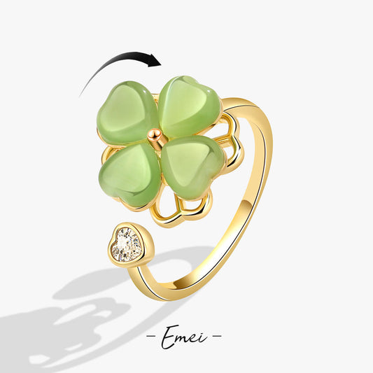 Imitation Jade Green Fresh Rotatable Four-leaf Flower Clover Rings