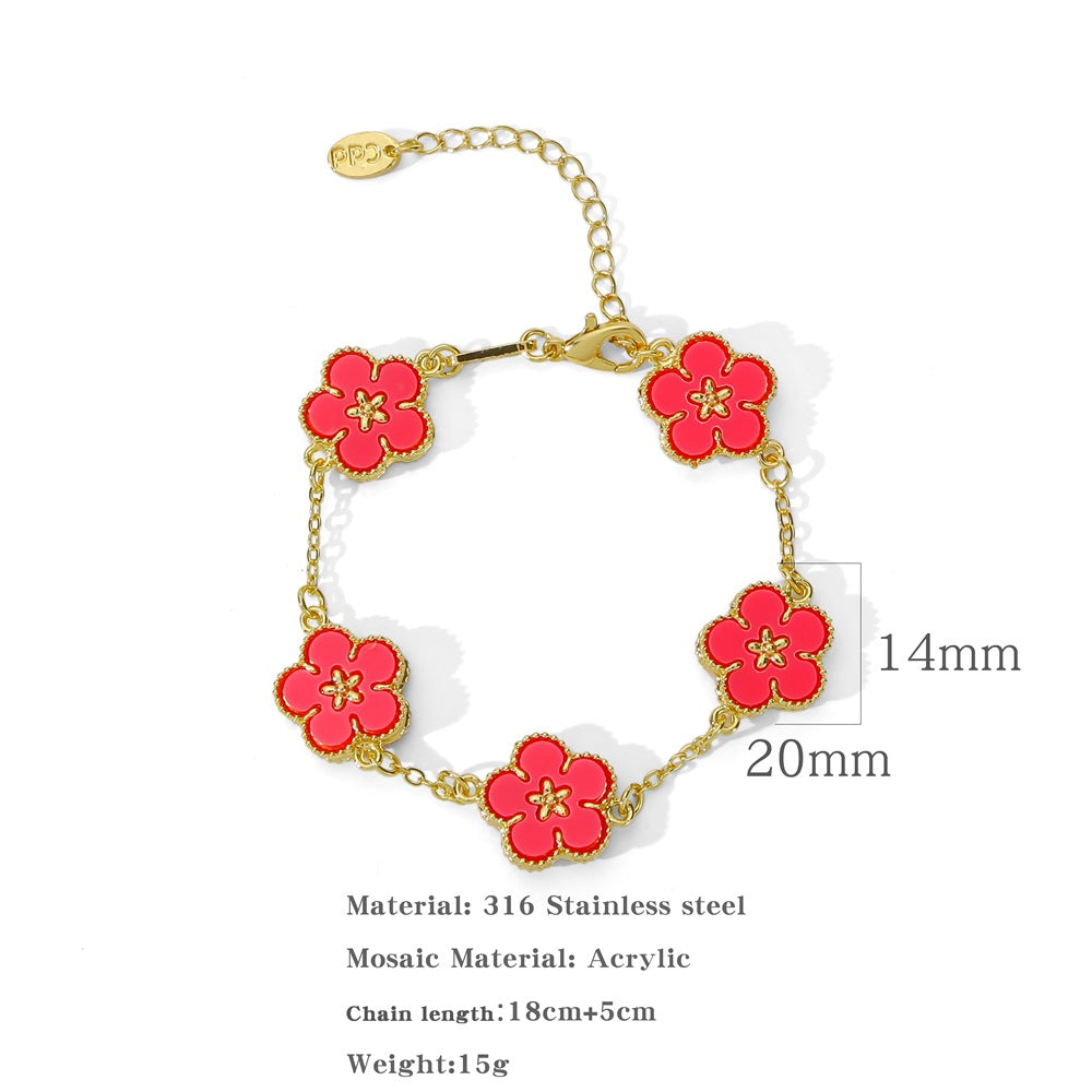 Women's Style Titanium Steel Five Gold Flower Pendant Bracelets