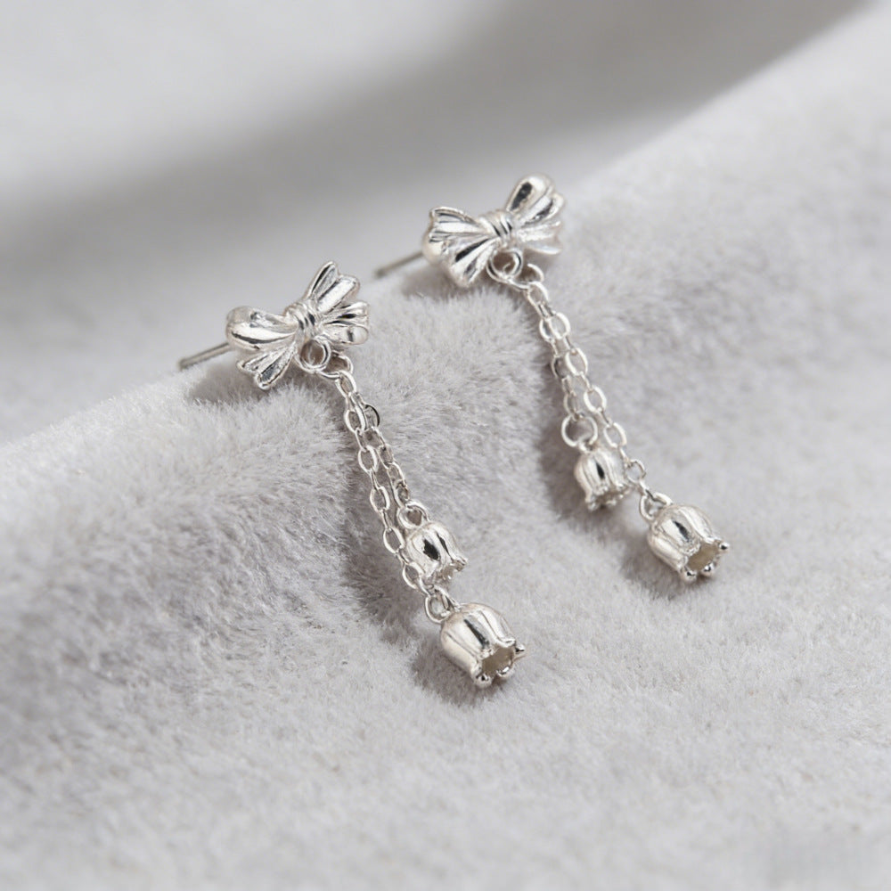 Korean Style Fresh Bow Tassel Design Thread Tightening Stud Earrings