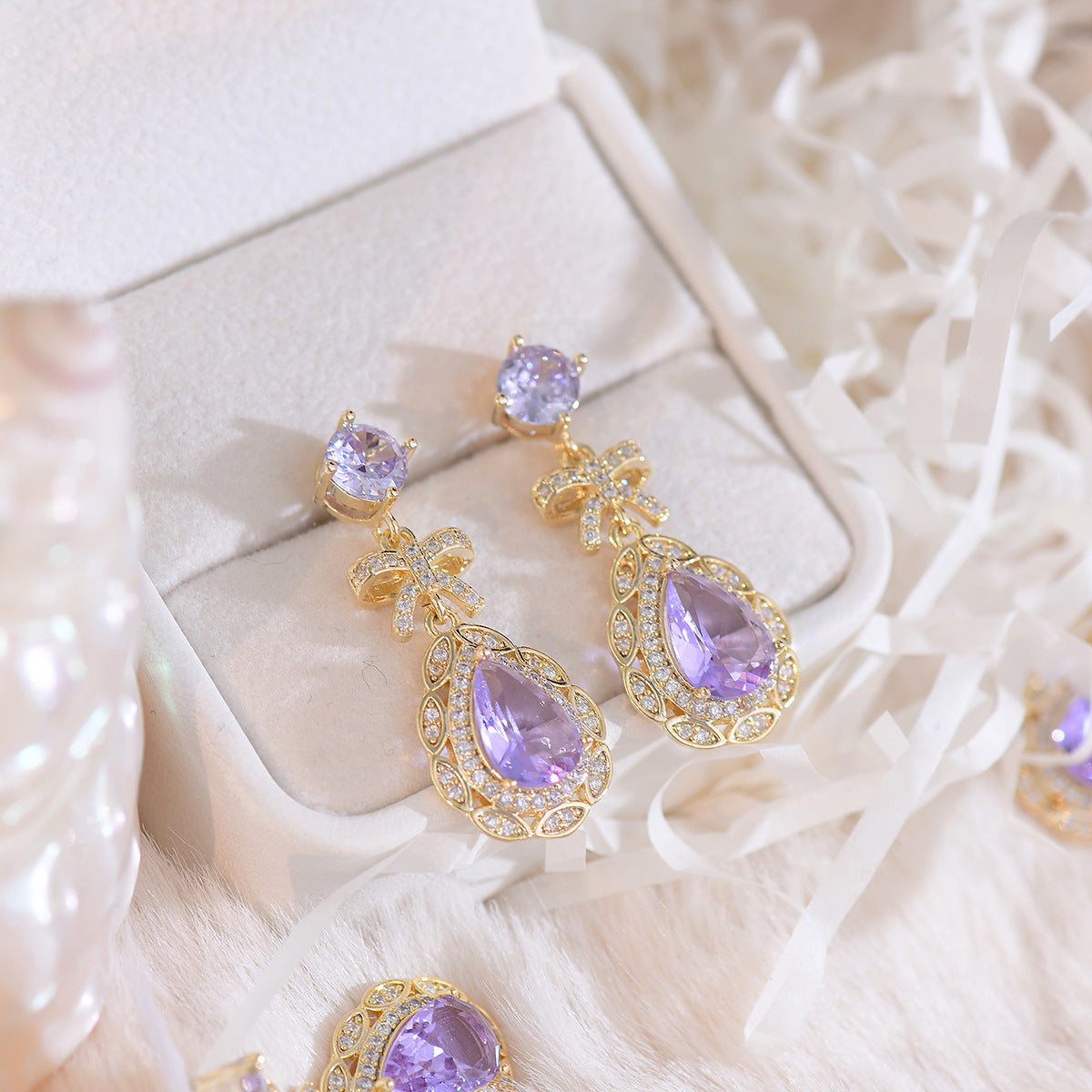 French Entry Lux Design Purple Lolita Bow Earrings