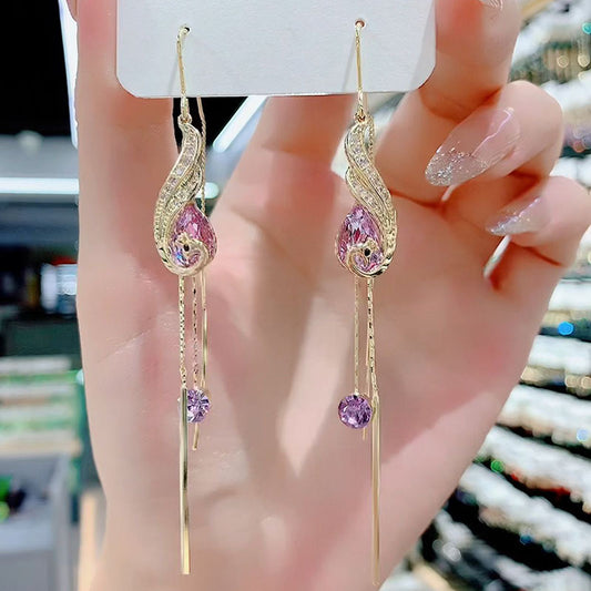 Women's Crystal Peacock Long Tassel Face Slimming Earrings