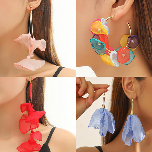 Flower Tassel Personalized Eardrops Elegant Long Fabric Earrings