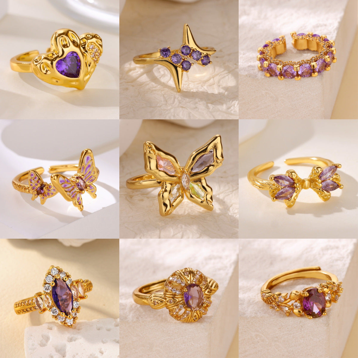 Sweet Loving Heart Purple Bow Zircon Gold-plated Ring