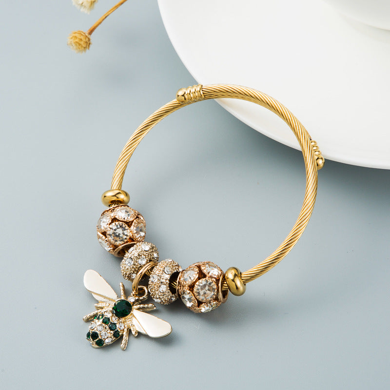 Alloy Gold Adjustable Bee Shiny Rhinestone Ball Bracelets