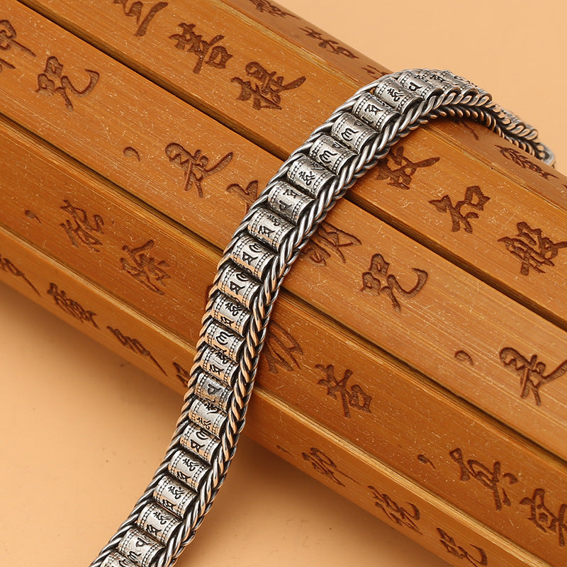 Men's Right Rain Hand-woven Mantra Roller Sier Bracelets