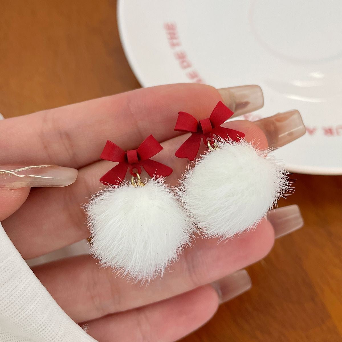 Bow Fur Ball Fairy Ear Clip Earrings