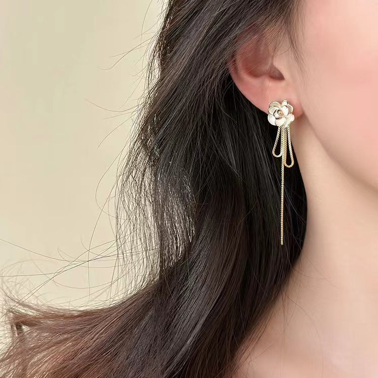 Women's Camellia Long Tassel Niche Design High-grade Light Luxury Earrings