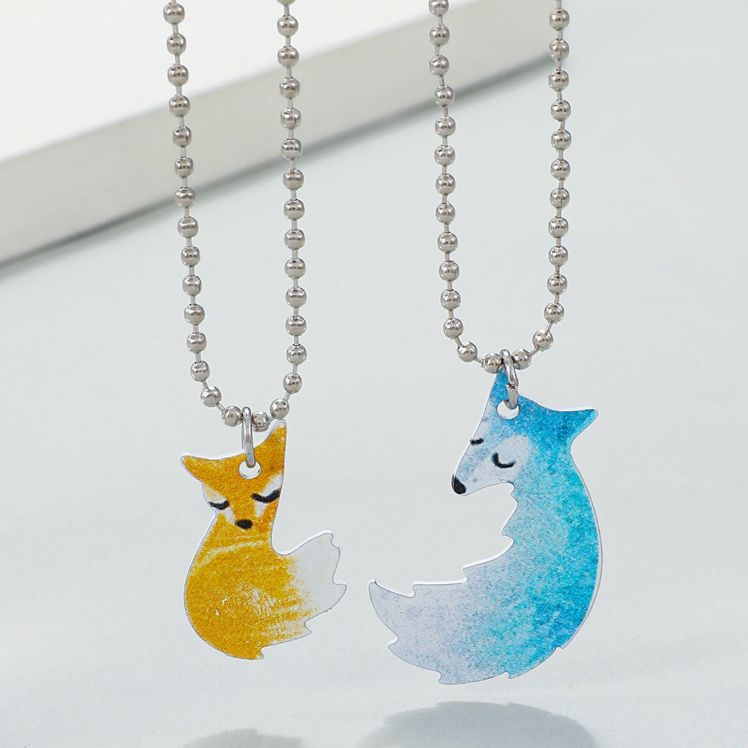 Steel Cute Fox Hug Big Gray Wolf Necklaces