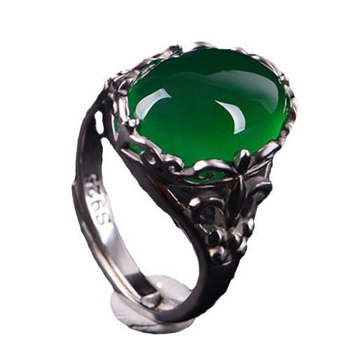 Women's Green Agate Crystal Female Emerald Vintage Inlaid Chalcedony Index Finger Ring
