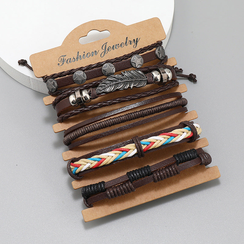 Simple Weave Vintage Leather Accessories Set Combination Bracelets