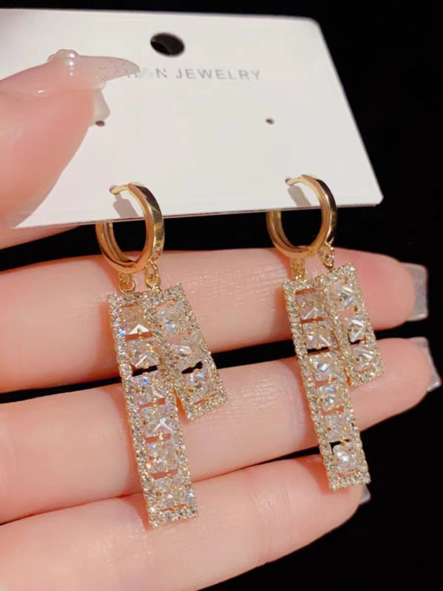 Light Luxury Temperament Geometric Zircon Tassel Design High-grade Earrings