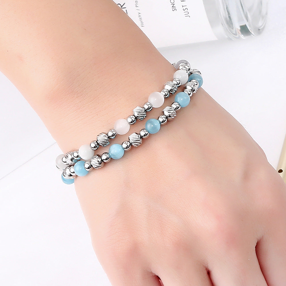 Steel Waterproof Hard-wearing Shiny Opal Round Beads Batch Pattern Elastic Bracelet