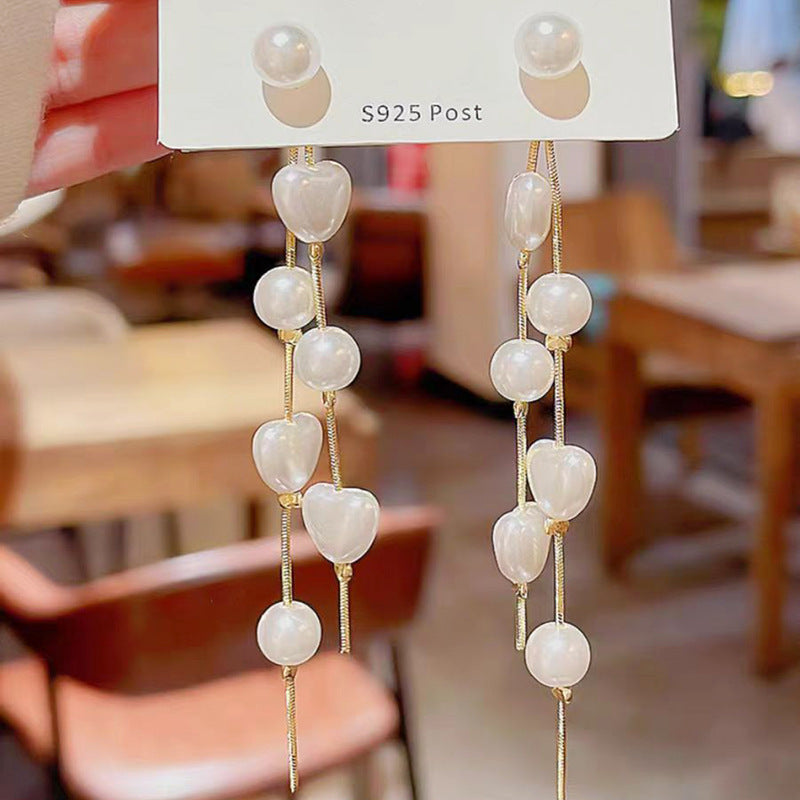 Pearl Sier Trendy Heart Tassel Eardrop Niche Design Temperament Stud Earrings
