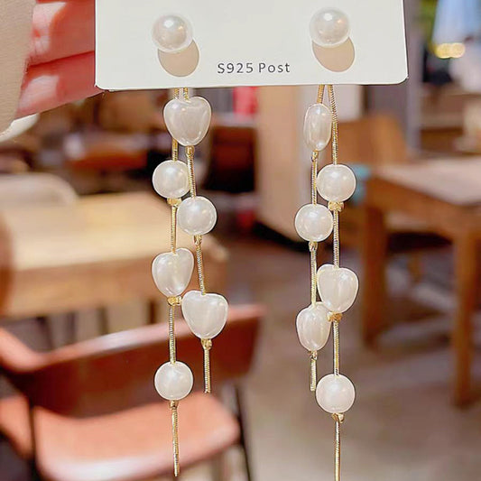 Pearl Sier Trendy Heart Tassel Eardrop Niche Design Temperament Stud Earrings