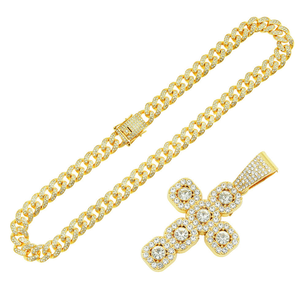 Men's Hop Full Diamond Cross Pendant Cuban Link Chain Necklaces