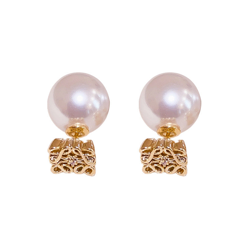 Needle Pearl Square Double-sided Design Style Earrings