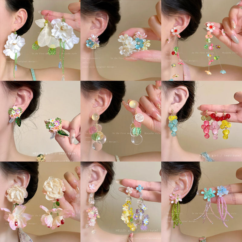 Fresh Flower Elegant Long Tassel Beaded Niche Earrings