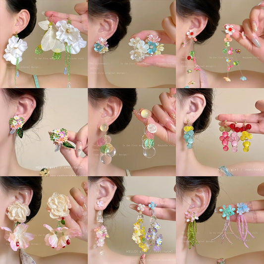 Fresh Flower Elegant Long Tassel Beaded Niche Earrings