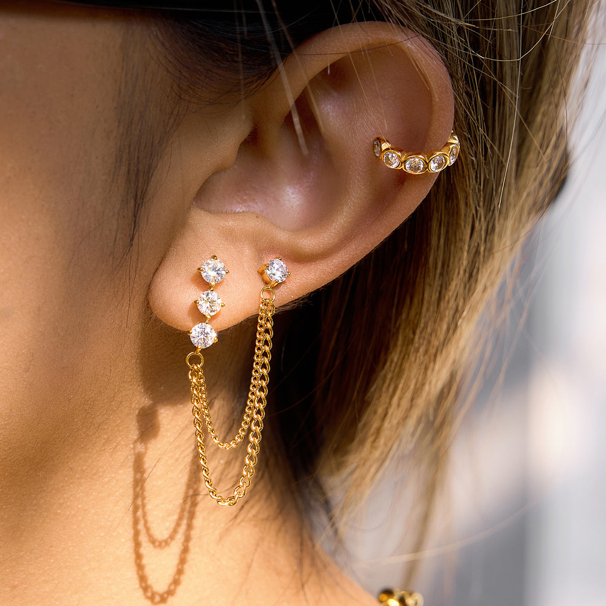 Women's Stainless Steel White Zircon Tassel Chain Fashion Classic Earrings