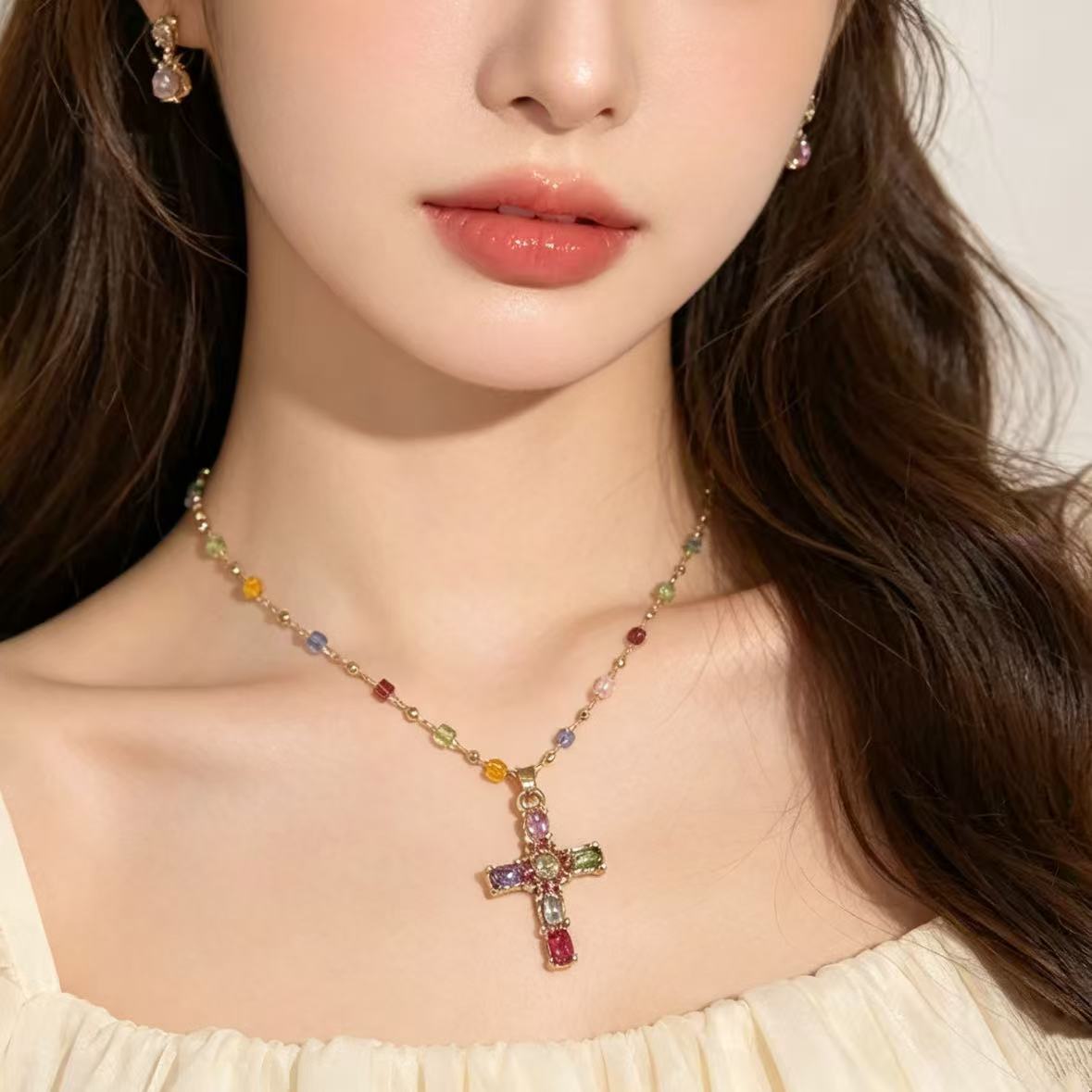 Dopamine Color Beaded Zircon Cross Trendy Retro Sweet Cool Style Necklaces