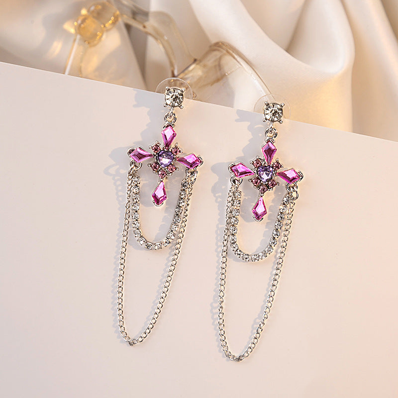 Pink Diamond Cross Light Luxury Square Chain Earrings