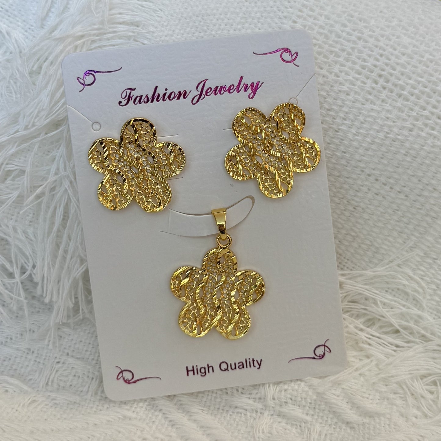 Love Heart Flowers Ear Baroque Gold Fashion Jewelry Set