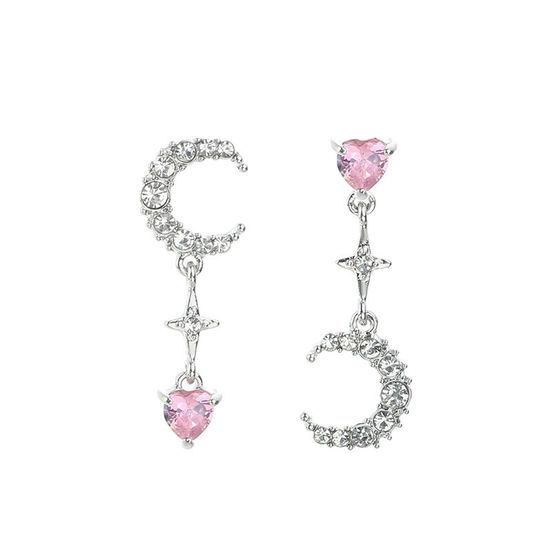 Women's Niche Asymmetric Pink Diamond Love Star Earrings