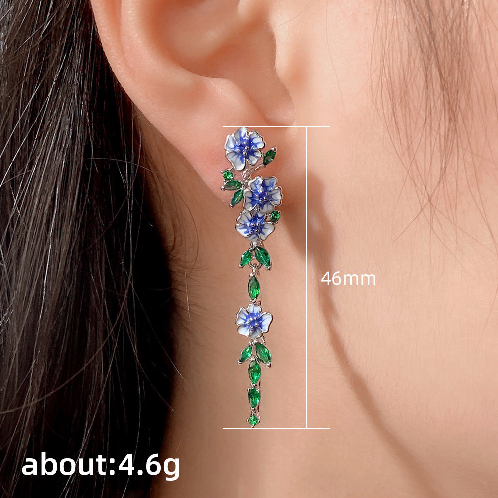 Long Female Temperament Summer Glaze Flowers Zircon Earrings