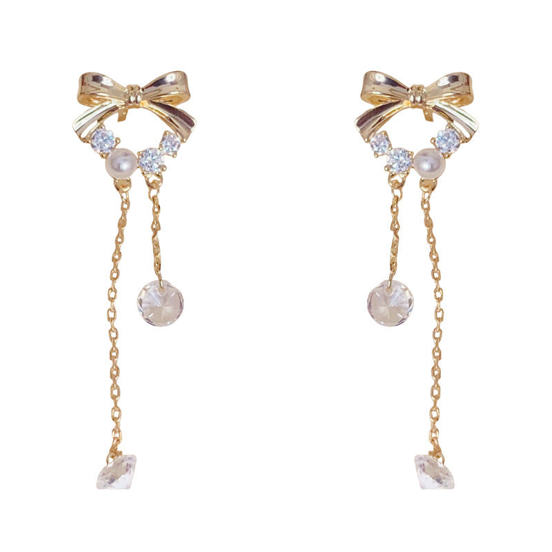 Exquisite Fashion Metal Bow Zircon Tassel Temperament Entry Lux Rings