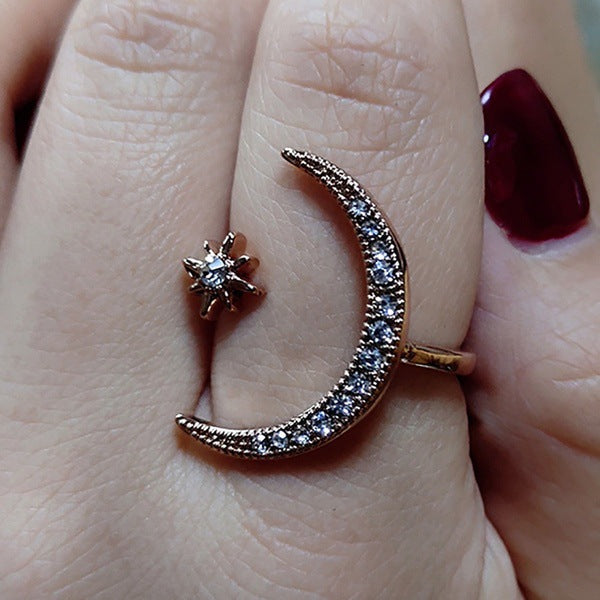 Crescent Star Moon Plated Creative Exaggerating Open Ring