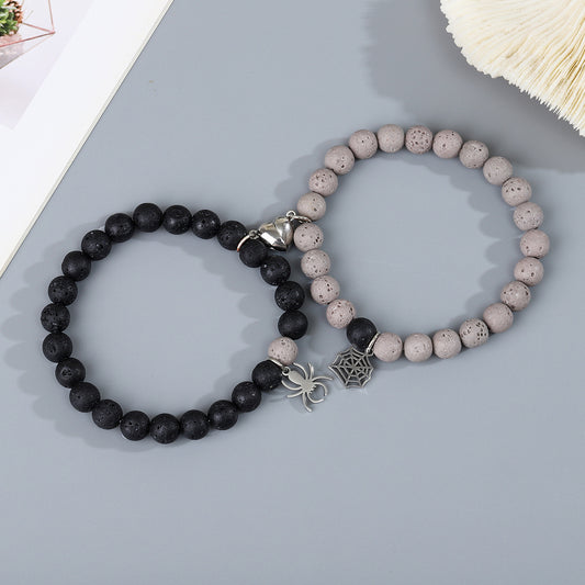 Women's & Men's & Spider Volcanic Rock Love Magnet Beaded Bracelets