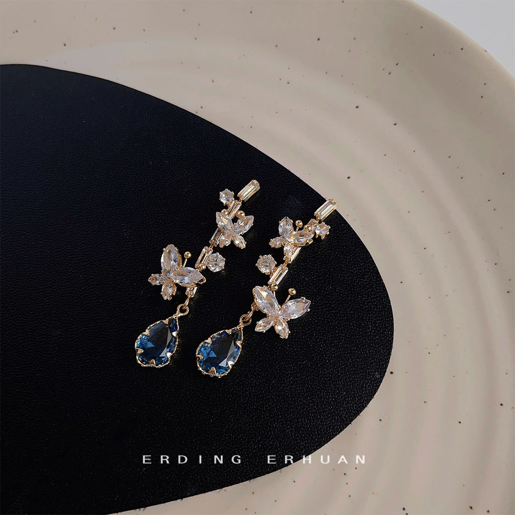Bright Zircon Glass Crystal Sier Needle Plated Butterfly Water Drop Earrings